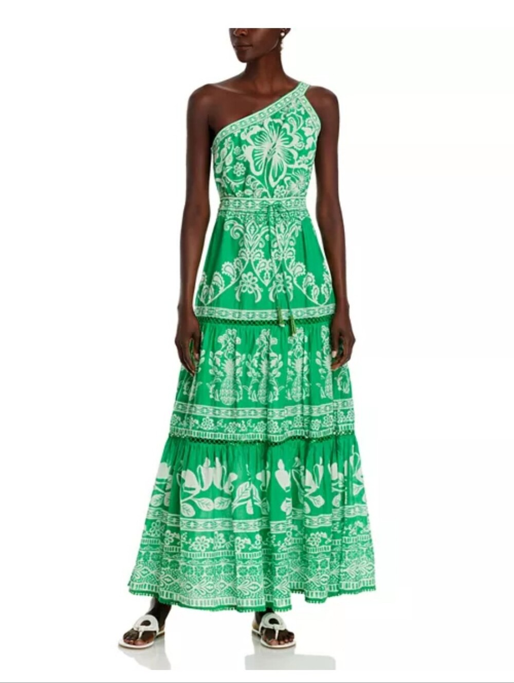 FARM Rio Sweet Garden Green Maxi Dress One Shoulder Drawstring Waist Size Small